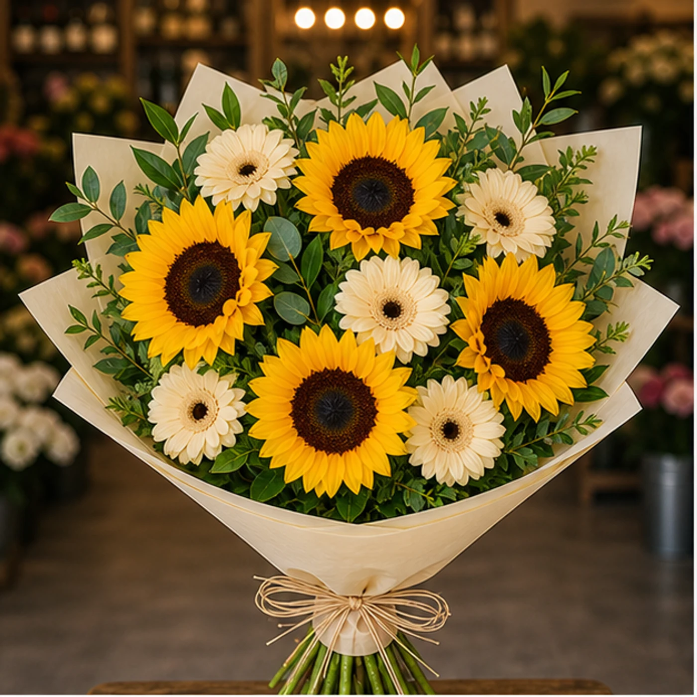 Buchet cu floarea-soarelui si gerbera crem - poza 1