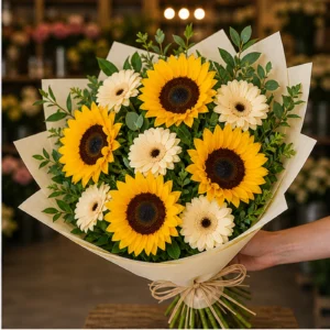Buchet cu floarea-soarelui si gerbera crem - poza 2