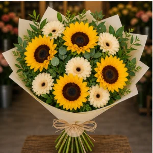 Buchet cu floarea-soarelui si gerbera crem - poza 3