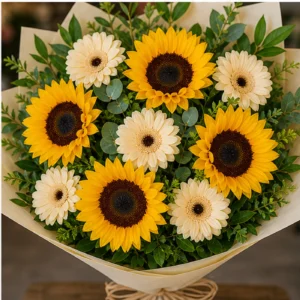 Buchet cu floarea-soarelui si gerbera crem - poza 4