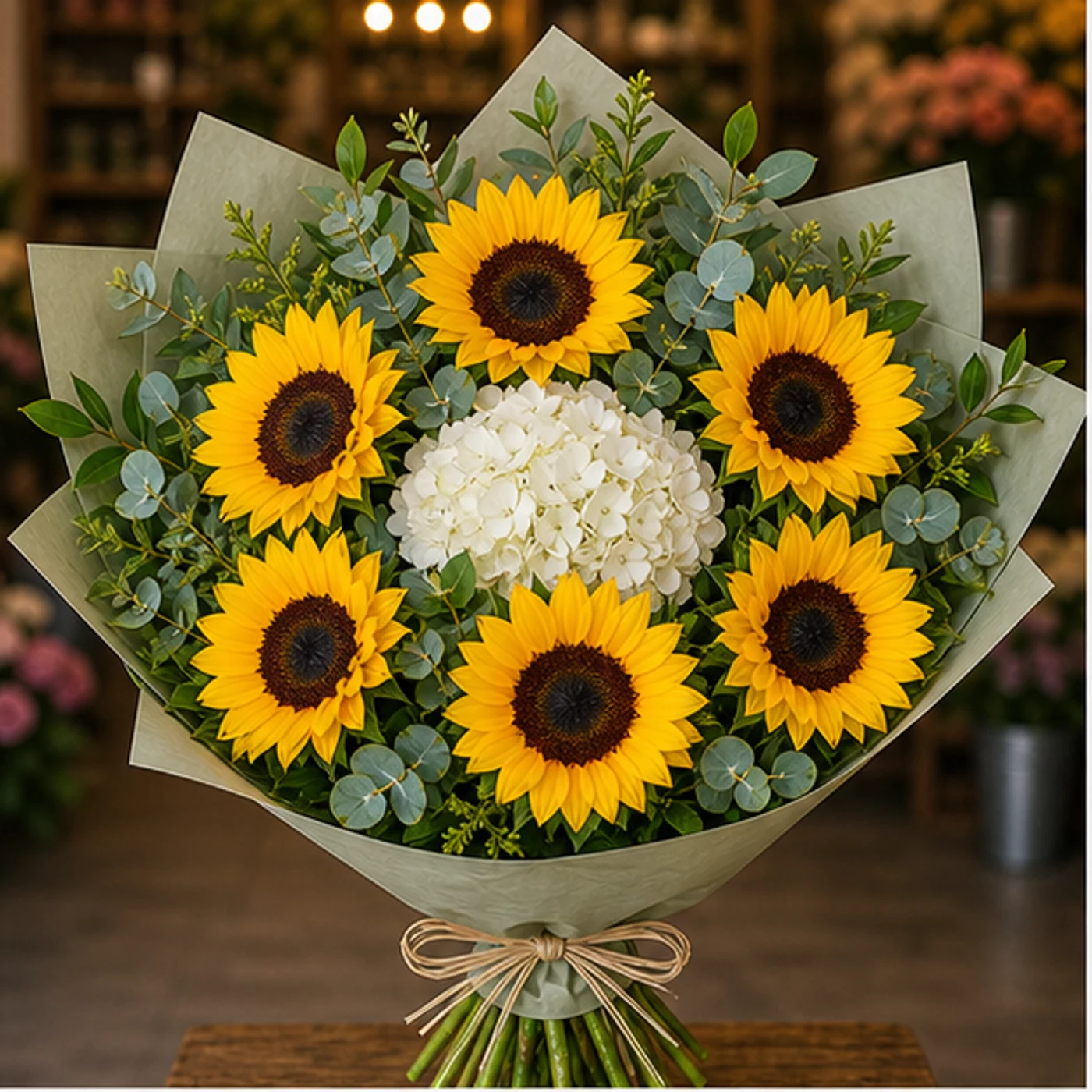 Buchet cu floarea-soarelui si hortensie alba - poza 1