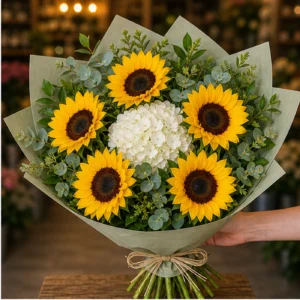 Buchet cu floarea-soarelui si hortensie alba - poza 2