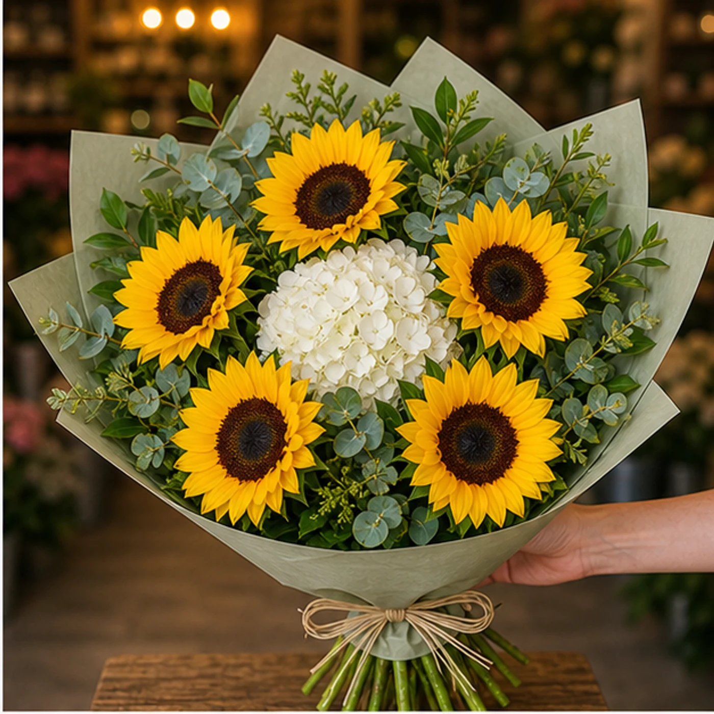Buchet cu floarea-soarelui si hortensie alba - poza 2