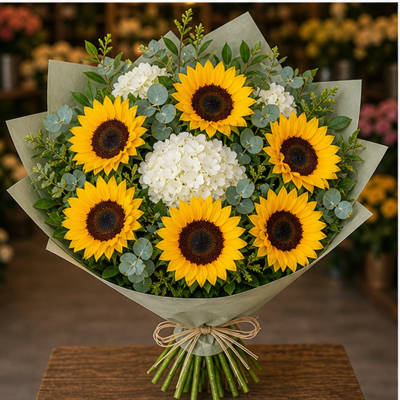 Buchet cu floarea-soarelui si hortensie alba - poza 3