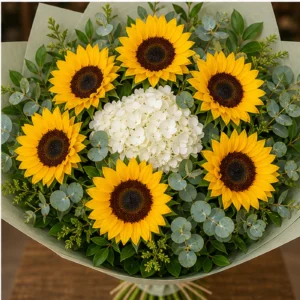 Buchet cu floarea-soarelui si hortensie alba - poza 4