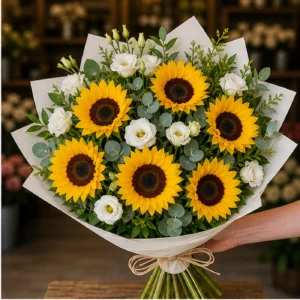 Buchet cu floarea-soarelui si lisianthus alb - poza 2