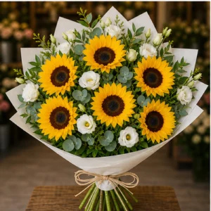 Buchet cu floarea-soarelui si lisianthus alb - poza 3