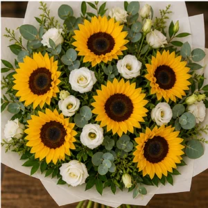 Buchet cu floarea-soarelui si lisianthus alb - poza 4