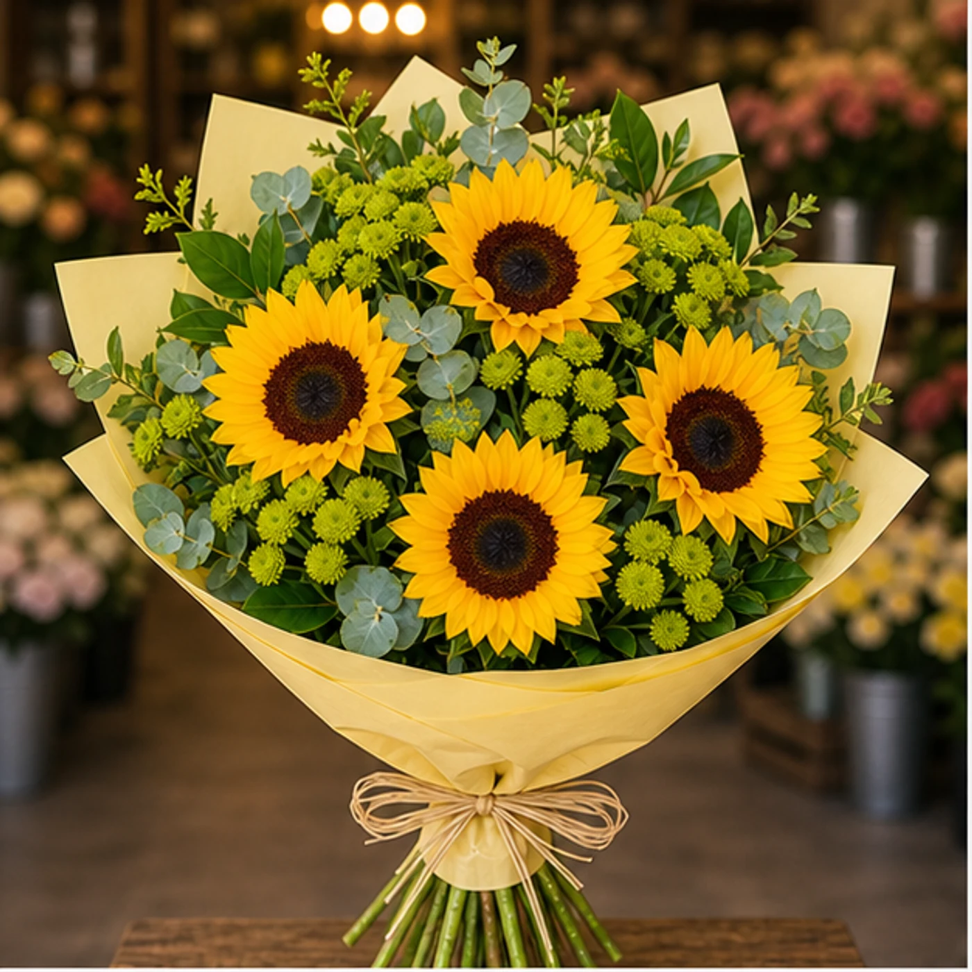 Buchet cu floarea-soarelui si santini verde - poza 1