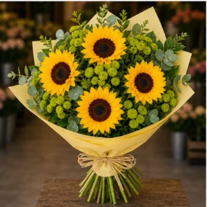 Buchet cu floarea-soarelui si santini verde - poza 3