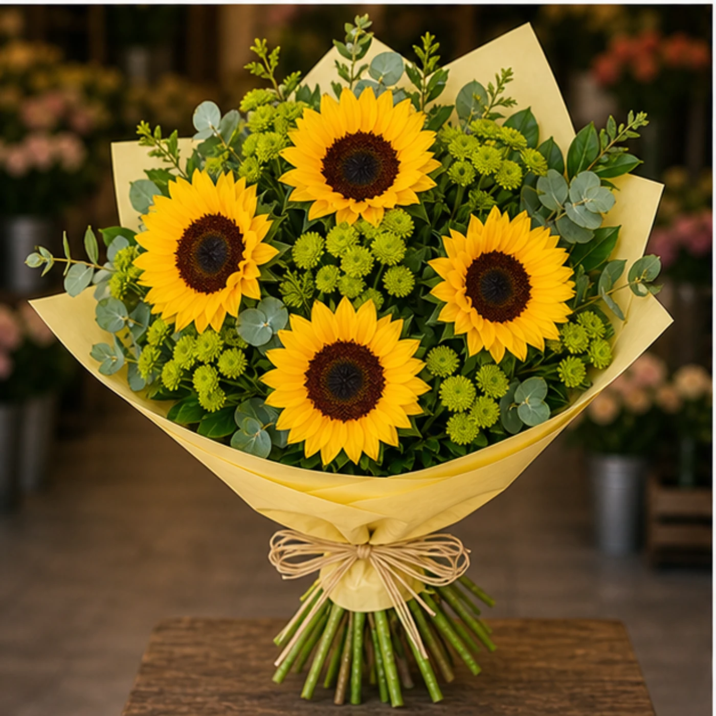 Buchet cu floarea-soarelui si santini verde - poza 3