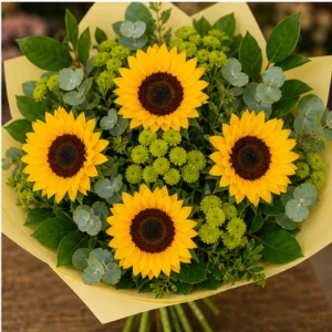 Buchet cu floarea-soarelui si santini verde - poza 4