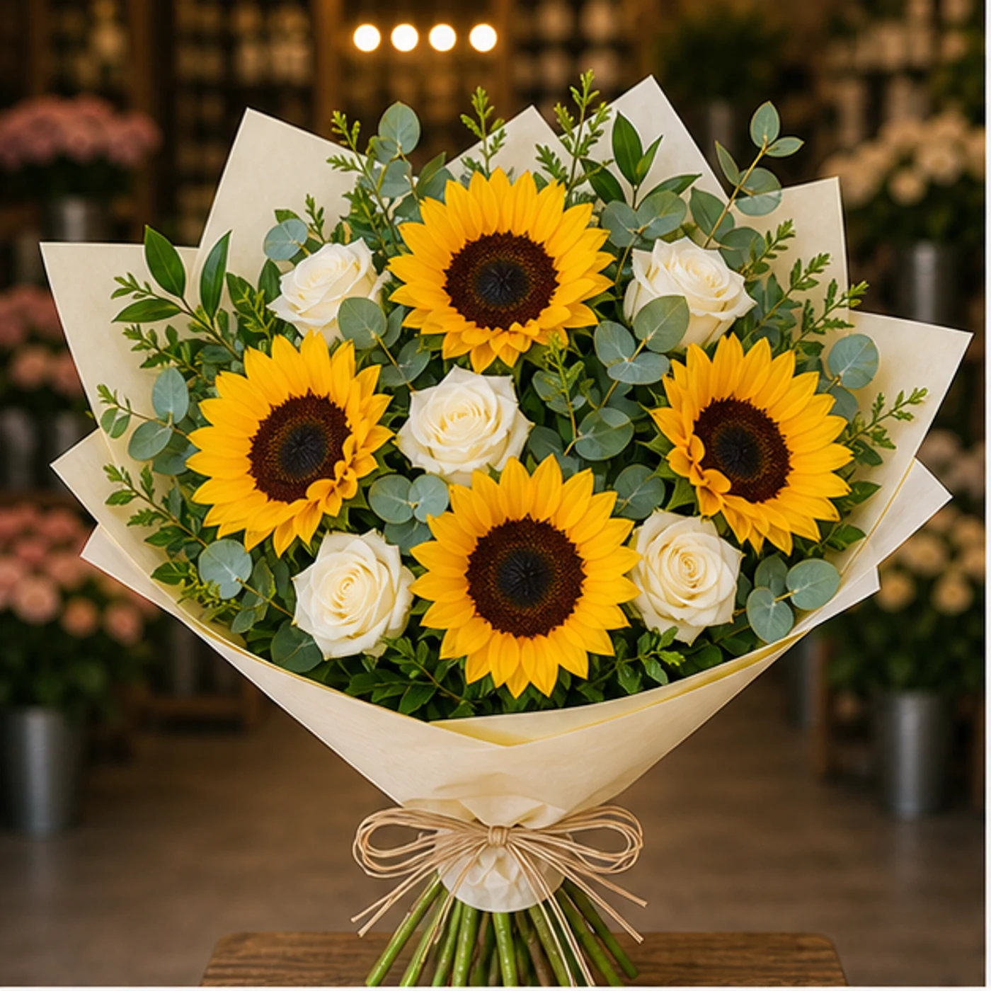Buchet cu floarea-soarelui si trandafiri albi - poza 1