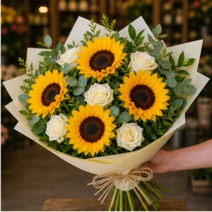Buchet cu floarea-soarelui si trandafiri albi - poza 2
