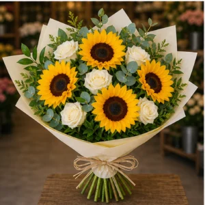 Buchet cu floarea-soarelui si trandafiri albi - poza 3
