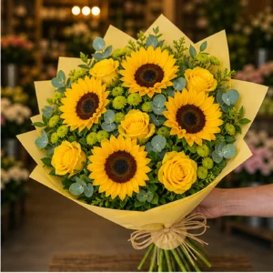 Buchet cu floarea-soarelui si trandafiri galbeni - poza 2