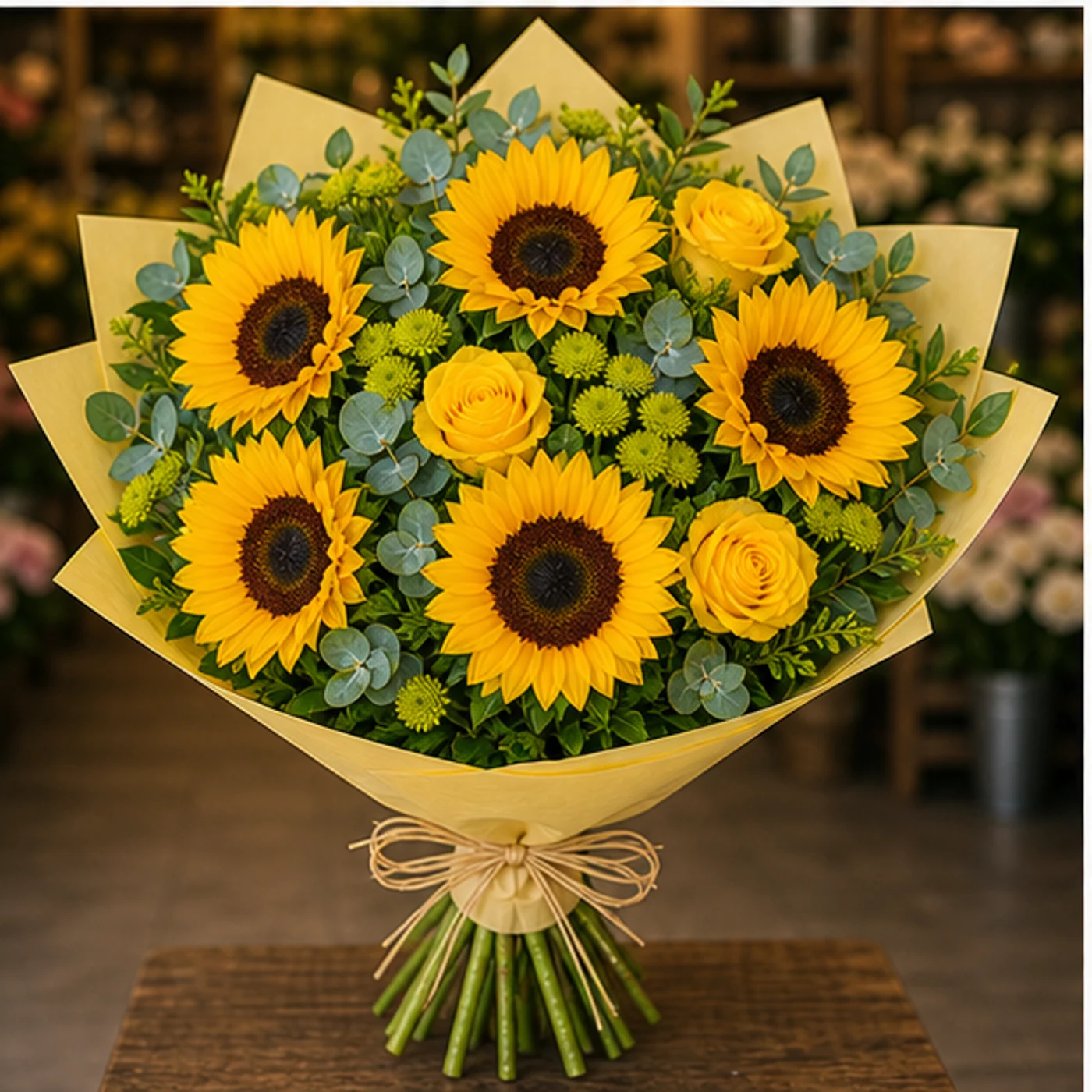 Buchet cu floarea-soarelui si trandafiri galbeni - poza 3