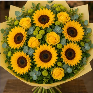 Buchet cu floarea-soarelui si trandafiri galbeni - poza 4