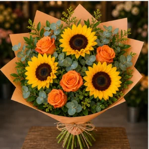 Buchet cu floarea-soarelui si trandafiri portocalii - poza 3