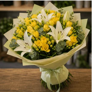 Buchet cu frezii galbene si crini albi - poza 3