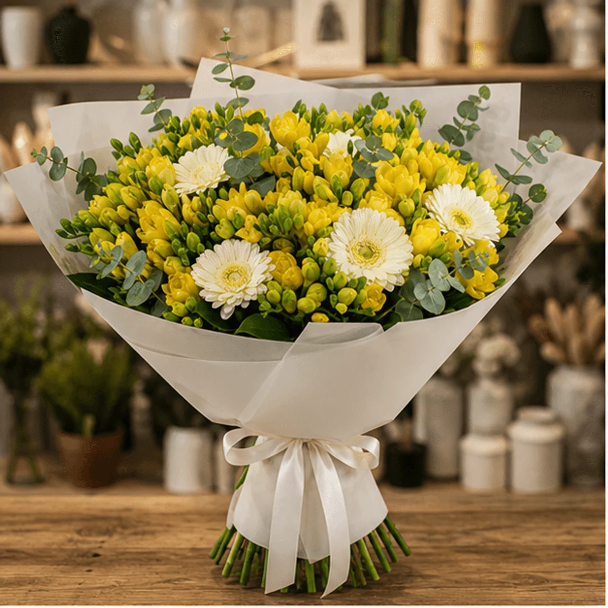 Buchet cu frezii galbene si gerbera alba - poza 1