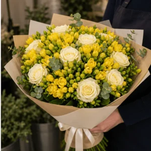 Buchet cu frezii galbene si trandafiri crem - poza 2