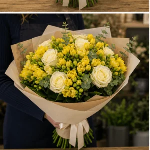Buchet cu frezii galbene si trandafiri crem - poza 3