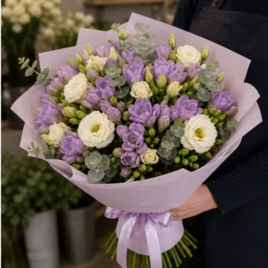 Buchet cu frezii lila si lisianthus crem - poza 2