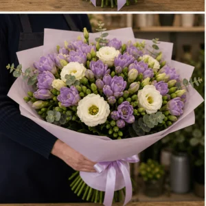 Buchet cu frezii lila si lisianthus crem - poza 3