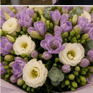 Buchet cu frezii lila si lisianthus crem - poza 4