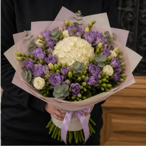 Buchet cu frezii mov si hortensie crem - poza 2