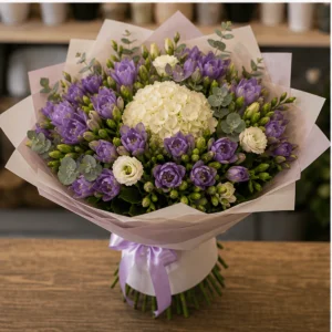 Buchet cu frezii mov si hortensie crem - poza 3