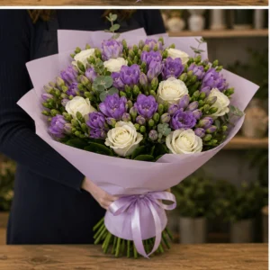 Buchet cu frezii mov si trandafiri albi - poza 3