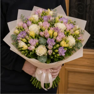 Buchet cu frezii pastel si trandafiri crem - poza 2