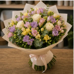Buchet cu frezii pastel si trandafiri crem - poza 3