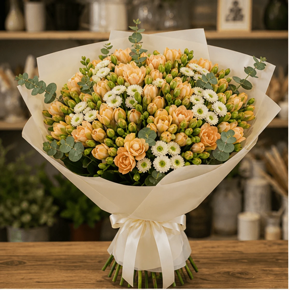 Buchet cu frezii piersica si santini alb - poza 1