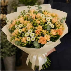 Buchet cu frezii piersica si santini alb - poza 2