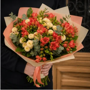 Buchet cu frezii rosu corai si santini crem - poza 2