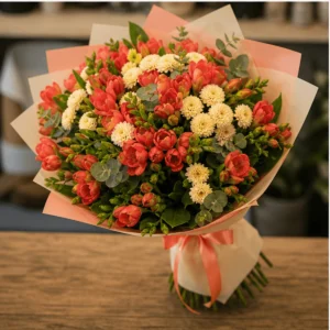 Buchet cu frezii rosu corai si santini crem - poza 3