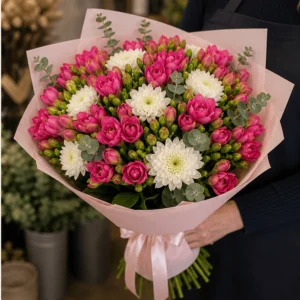 Buchet cu frezii roz intens si crizanteme albe - poza 2