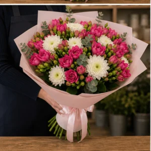 Buchet cu frezii roz intens si crizanteme albe - poza 3