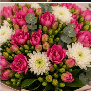 Buchet cu frezii roz intens si crizanteme albe - poza 4