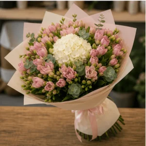 Buchet cu frezii roz prafuit si hortensie alba - poza 3