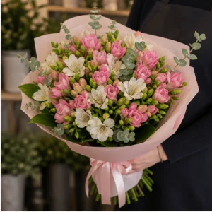 Buchet cu frezii roz si alstroemeria alba - poza 2