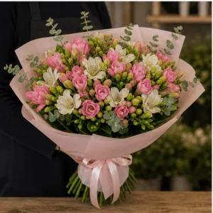 Buchet cu frezii roz si alstroemeria alba - poza 3
