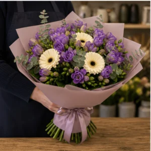 Buchet cu frezii violet si gerbera crem - poza 3
