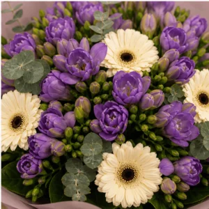Buchet cu frezii violet si gerbera crem - poza 4