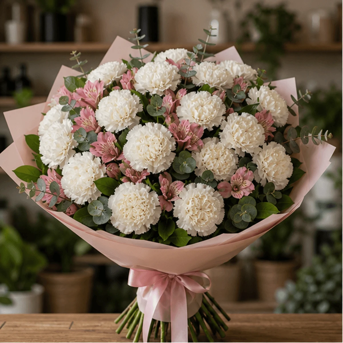 Buchet cu garoafe albe si alstroemeria roz - poza 1