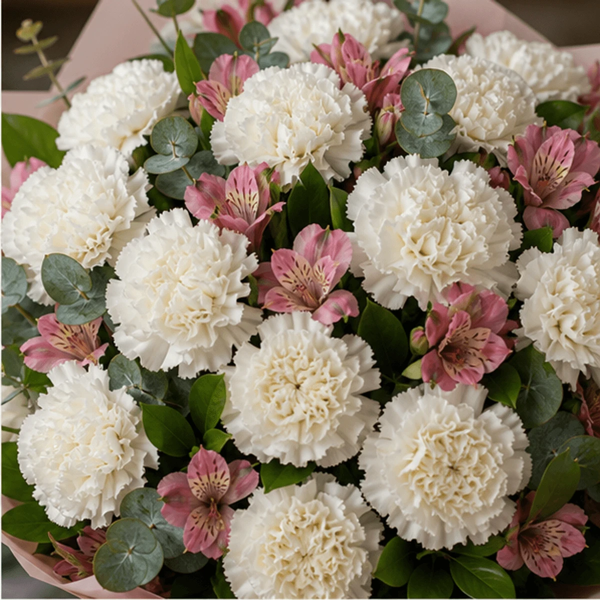 Buchet cu garoafe albe si alstroemeria roz - poza 2