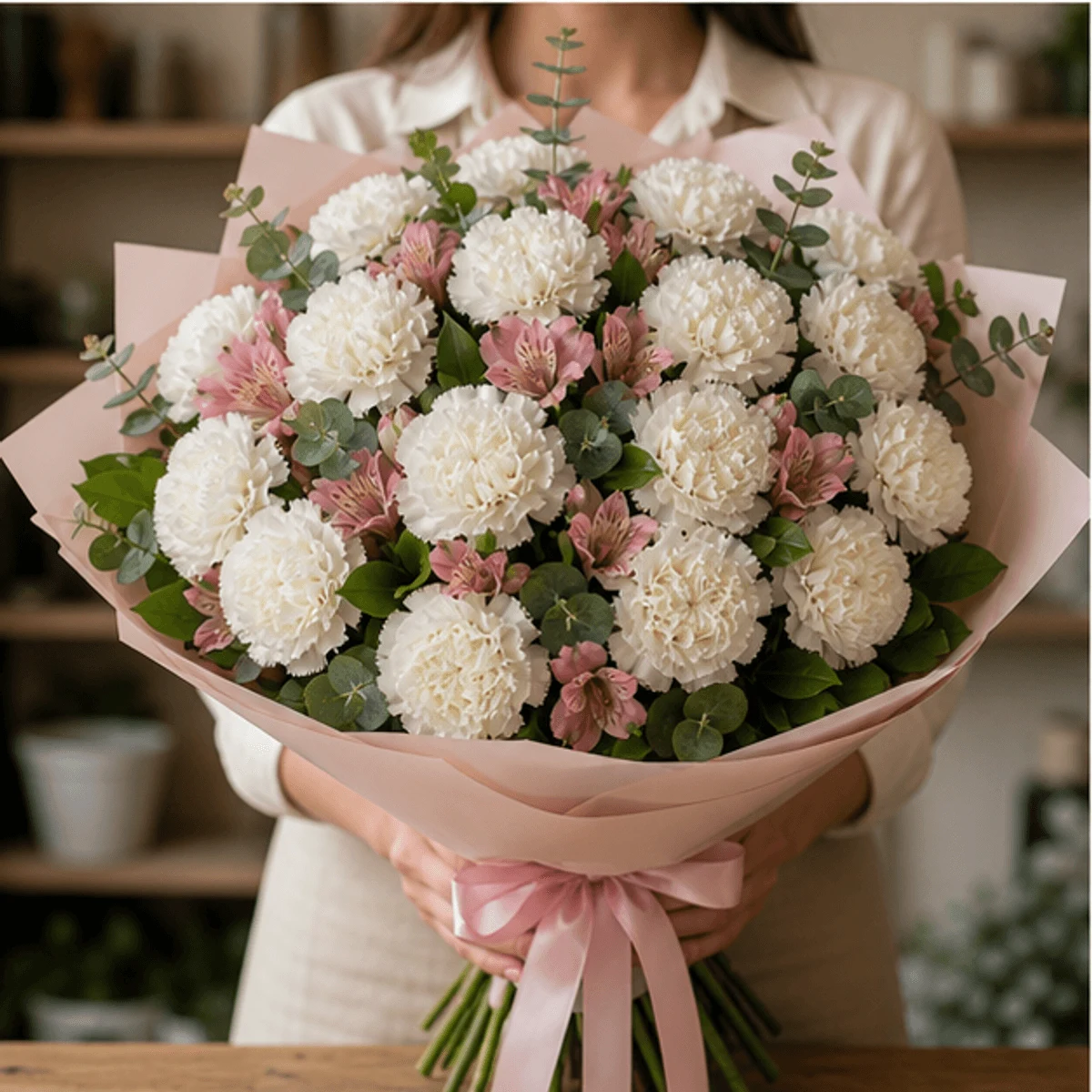 Buchet cu garoafe albe si alstroemeria roz - poza 3